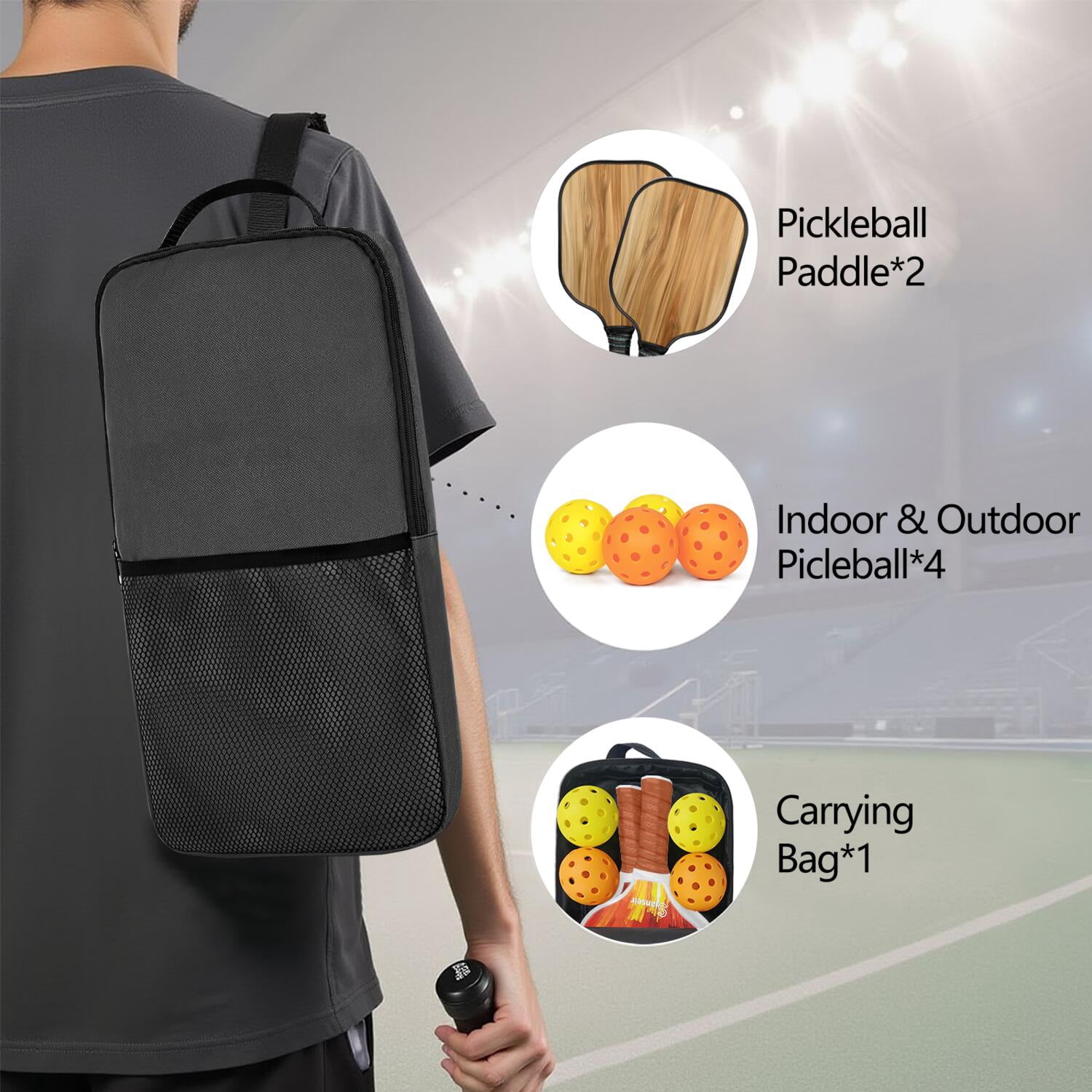 Pickleball Paddles Set Of 2, Fiberglass Surface, Wood Grain Print, 4 Balls & Bag