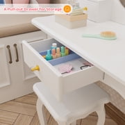 JOYMOR Kids Vanity Table and Stool Makeup Dressing Set w/ Mirrors & 3 Drawers, White