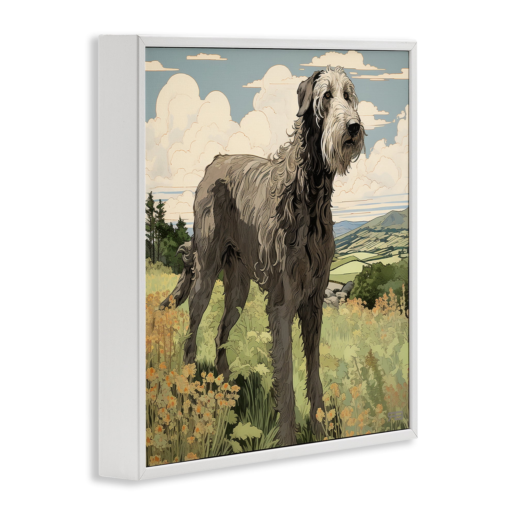 Stupell Industries Countryside Landscape Dog Landscape Painting White Framed Art Print Wall Art, 12 x 12