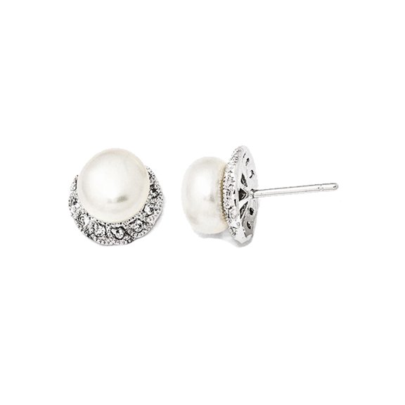 Freshwater Cultured White Pearl Earrings with Synthetic Cubic Zirconia (CZ) in Sterling Silver