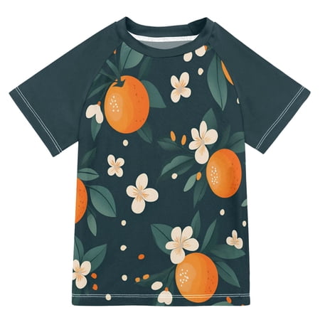 FORMRS Boys Rash Guard with Short Sleeves UPF 50+ Swim Shirts Sizes 3-12T Green Floral Oranges