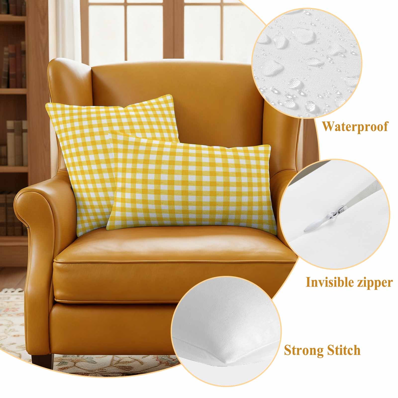 Pack of 2 Outdoor Pillow Covers,Waterproof Yellow Throw Pillow Covers,Country French Rustic Buffalo Plaid Modern Art Decorative Pillowcases Cushion Covers for Couch Pillow Sham Protector 24x24 Inch