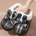 thumbnail image 4 of Fuzzy Plush House Slippers for Women - Rabbit Ear Bow Detail, Closed Toe Thick Sole Nylon Spandex Black Plaid Cozy Indoor Outdoor Slippers,Size 40, 4 of 8
