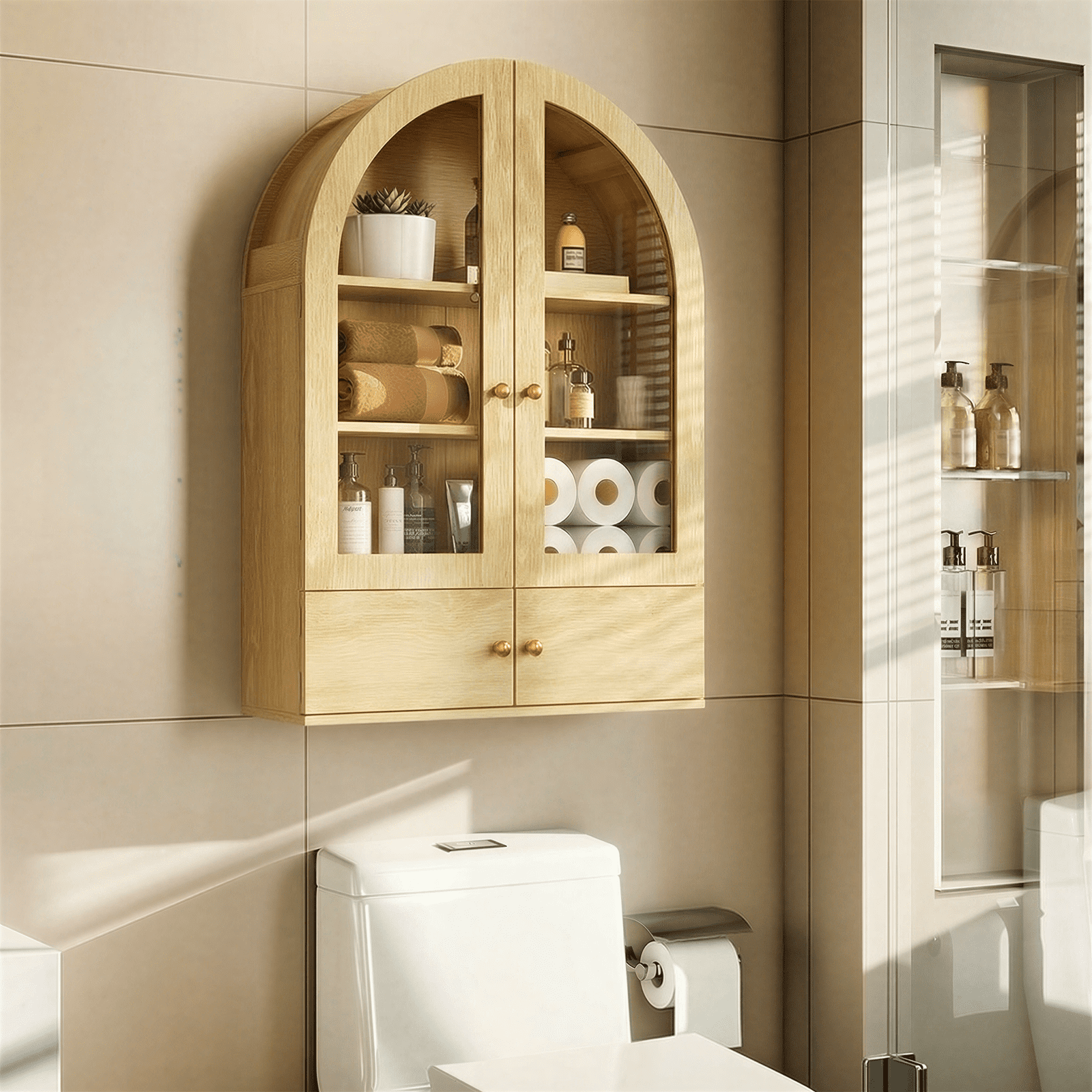 Flictozena Wall Mounted Arched Medicine Cabinet, Bathroom Storage Cabinet with Glass Doors and Adjustable Shelves, Over The Toilet Floating Cabinet for Small Spaces, Natural