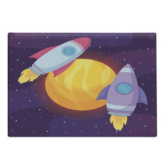 Universe Cutting Board, Cartoon Illustration of Rocket Spaceship Around a Planet Galactic Theme, Decorative Tempered Glass Cutting and Serving Board, in 3 Sizes, by Ambesonne
