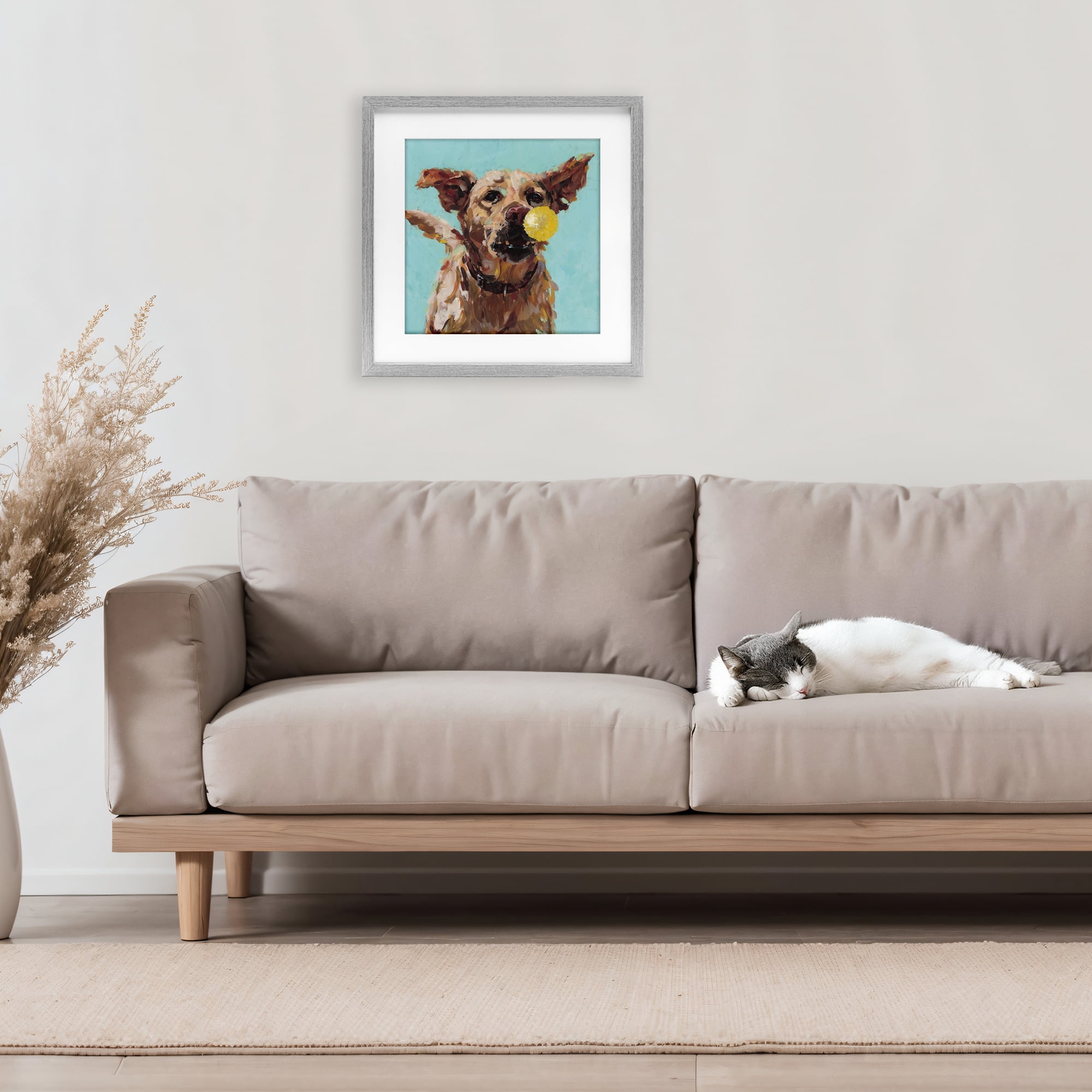 Dog Playing with Ball Gray Framed Print Under Glass, design by Studio Bautista