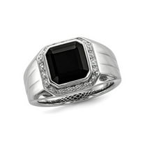 Mens Black Onyx Ring with Accent Diamonds in Rhodium Plated Sterling Silver for Men