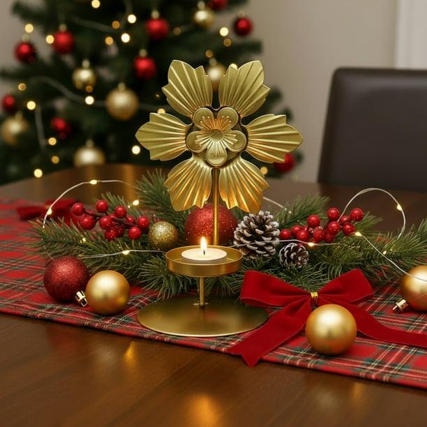 Seyotauo Christmas Decor - Gold Wrought Iron Candlestick, 5 Unique Designs (Maple Leaf/Butterfly/Flower/Ginkgo Leaf/Wood Leaf), Romantic Dining Table Living Room Decor, Christmas Gifts for Family