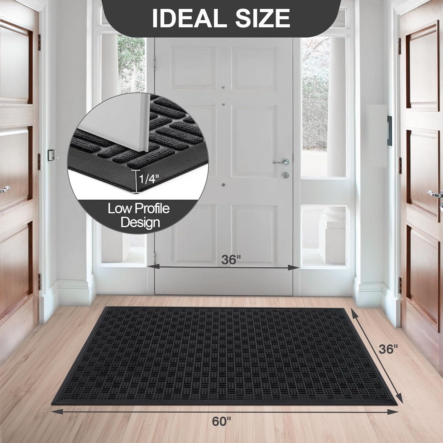 Front Door Mat, Heavy Duty Durable Welcome Mat for Outdoor Indoor, Dirt Trapper Waterproof Super Absorbent Door Mat for Entryway Outside Patio Porch, 61.5" x 36", Black