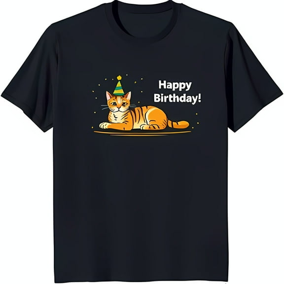 Funny Black T-Shirt with Cat in Birthday Hat Graphic Happy Birthday Design
