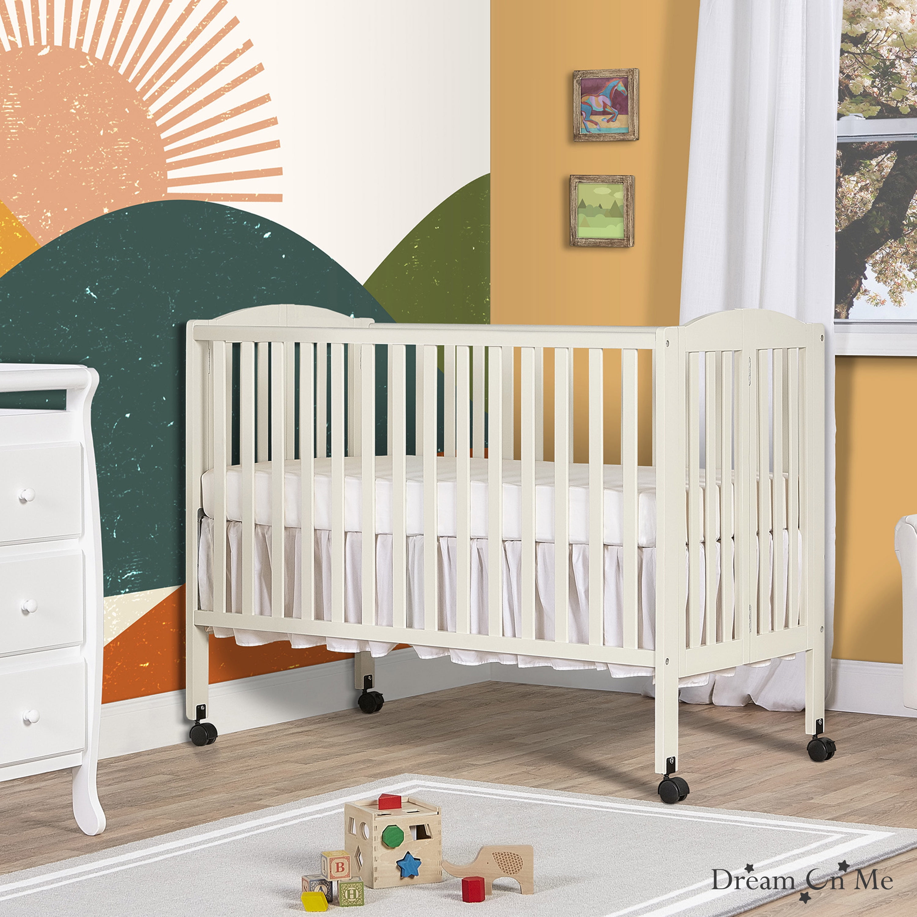 Dream On Me Full Size 2-in-1 Folding Stationary Side Crib, Locking Wheels, French White