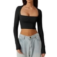thumbnail image 2 of Yunliwuli Women T-shirt, Long Sleeve Square Neck Solid Color Slim Fit Ladies Crop Top Clubwear, 2 of 6