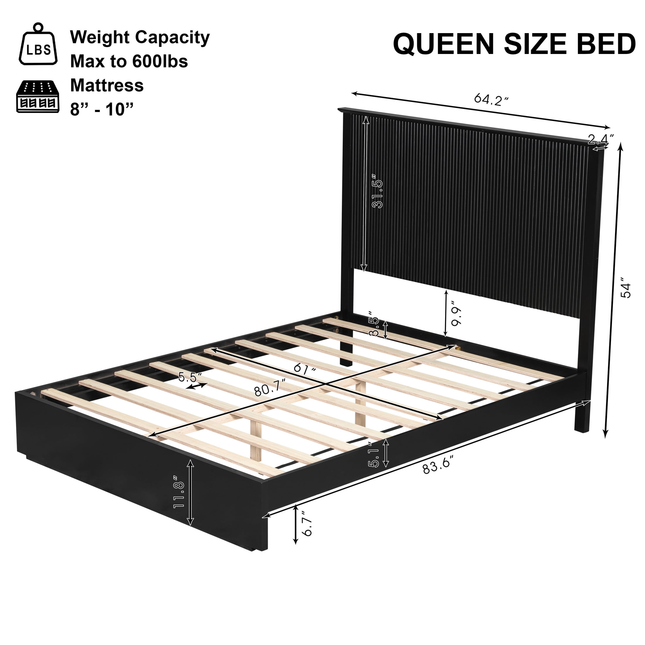 Christopher Knight Home Contemporary Queen Size Solid Wood Platform Bed Frame, Slat Support, Black