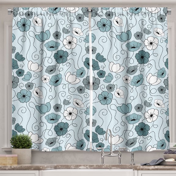Ambesonne Floral Kitchen Curtains, Doodle Floral Botany, 55"x39", Grey Bluegrey White