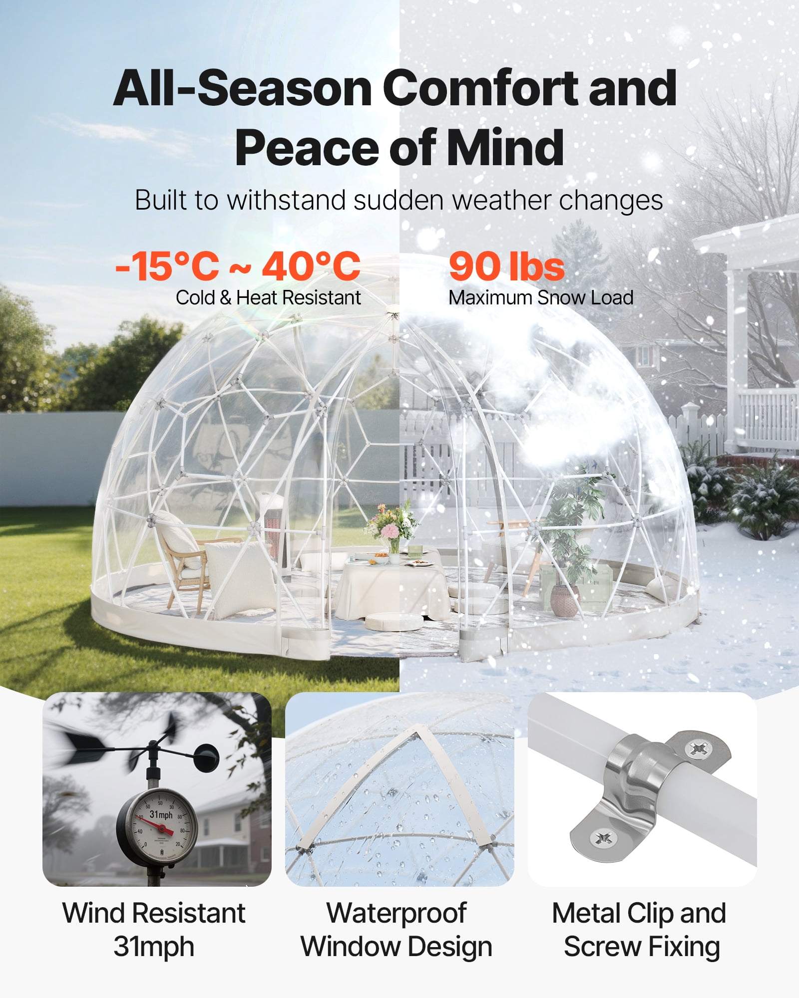VEVOR Garden Dome Tent, 15 x 9.5 ft Outdoor Clear Bubble Tent for 10-14 Person, Weatherproof Geodesic Dome Greenhouse with Window, PVC Igloo Tents for Backyard Patios Camping Party Wedding