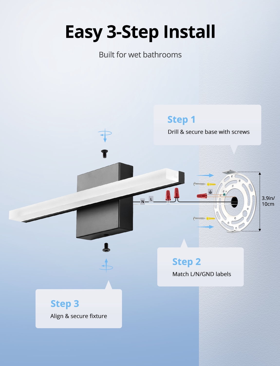 Combuh LED Bathroom Wall Light Bar Modern Acrylic Vanity Lighting Fixtures Over Mirror, 16 Inch 9W Black Restroom Lights Cool White 6000K for Kitchen Bedroom