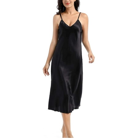 Gustave V Neck Silk Nightgowns for Women Sexy Satin Chemise Lingerie Sleepwear Silk Slip Nightdress Elegant Spaghetti Strap Midi Dress  Black  M