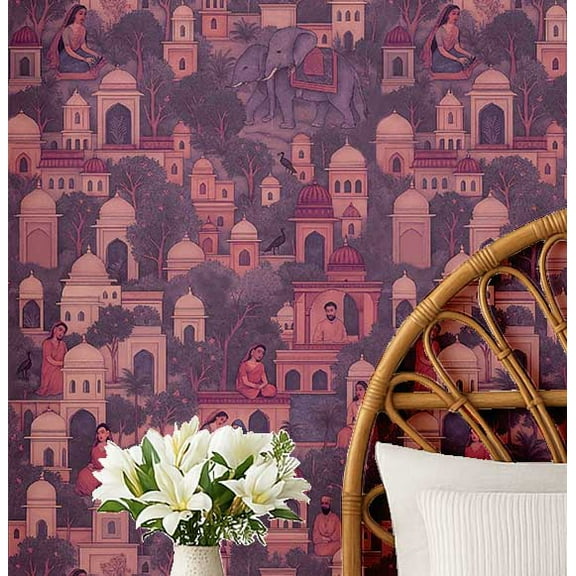 S4Sassy Palace Scene Wallpaper - Asian Style Wall Covering, 25" X 60" Self-Adhesive Vinyl Walls Paper, Decorative Wallwrap, Easy Diy Walls Covering For Bedroom, Living Room, Living Spaces - Purple