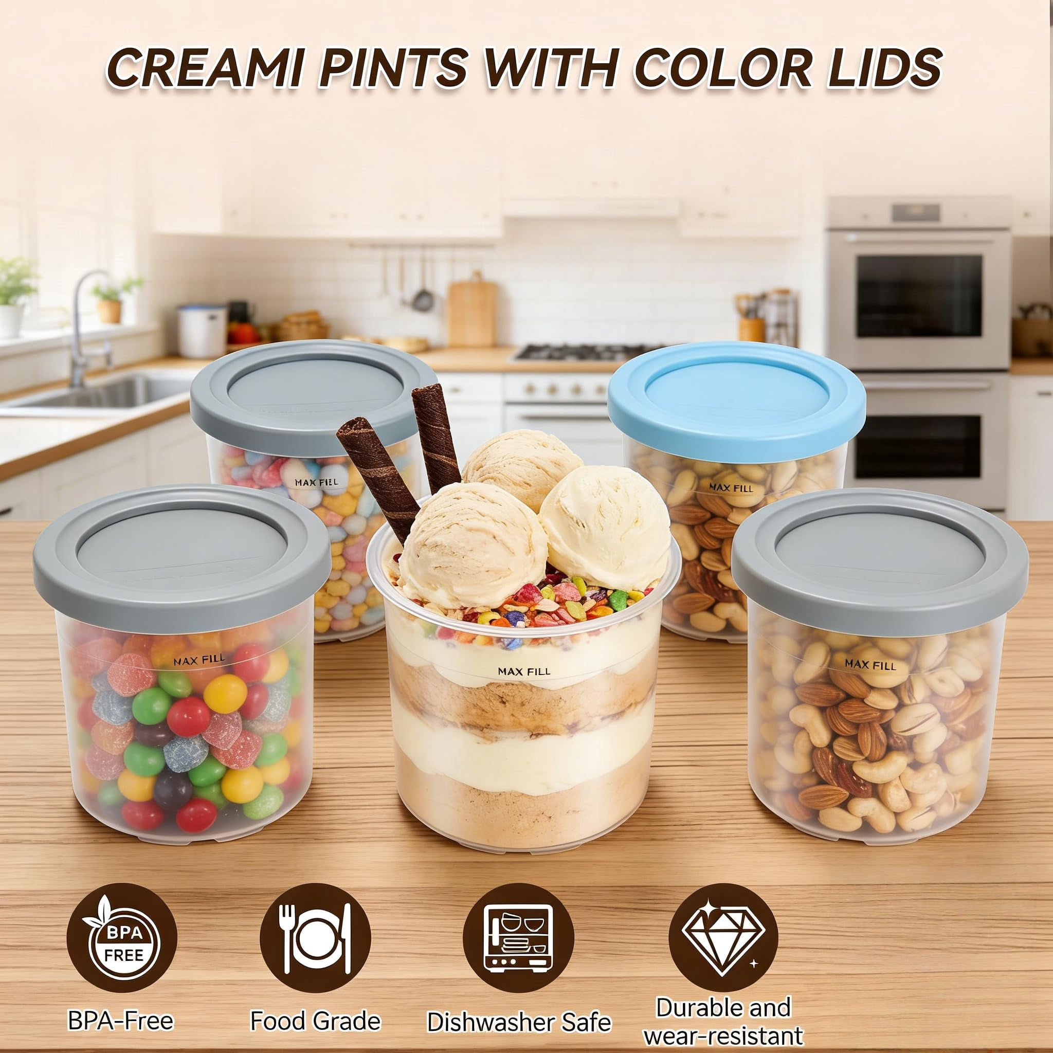 Ninja Creami Pints with Lids, Compatible with NC299AMZ & NC300s Series, Dishwasher Safe & BPA-Free Ice Cream Maker Containers Replacement Set