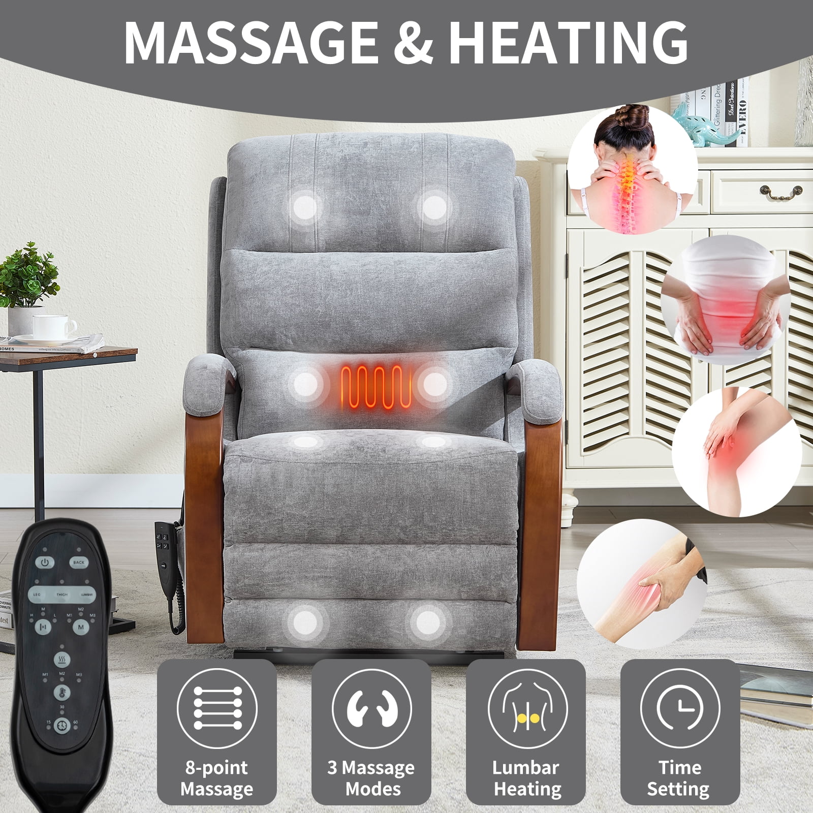 Gewnee Power Lift Recliner Chair with Heat and Massage,Lay Flat Assist Recliner with Side Pocket & Solid Wood Armrest,Lift Chair for Living Room.Gray Chenille