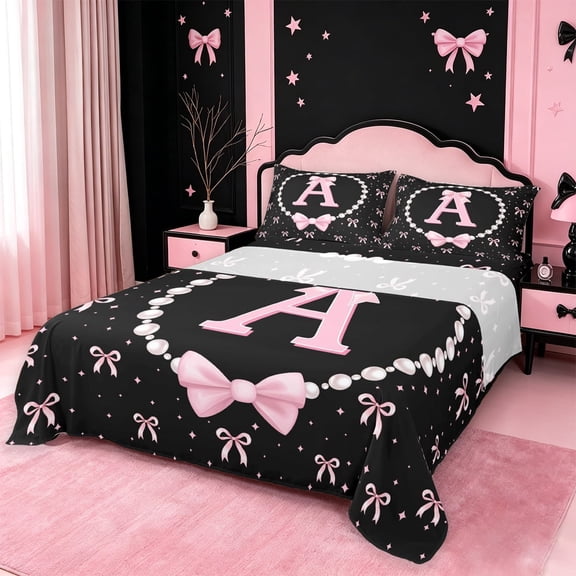 meiyoeat Bowknot Letter Print A Bed Sheets For Girls,Girly Pink Bow Full Size Sheets For Kids,4pcs