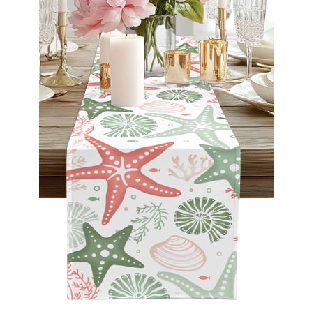 Table Runner Green Starfish Table Runners Marine Life Ocean Coastal Cotton Linen Dresser Scarf Kitchen Dining Table Decor for Home Dinner Party Decor 13x90 Inch