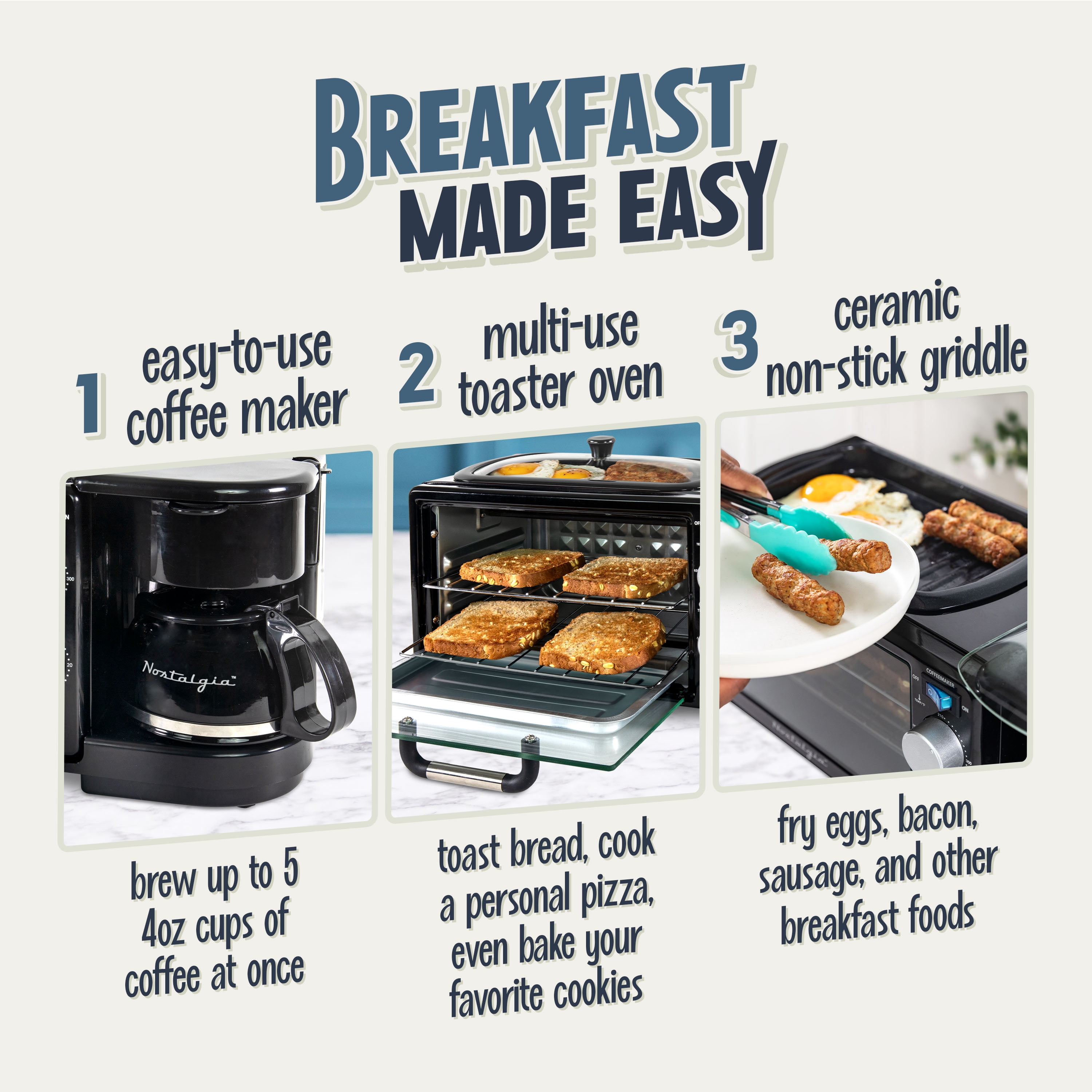 Nostalgia Retro 3-in-1 Breakfast Station with Coffeemaker, Griddle, and Toaster Oven, Black