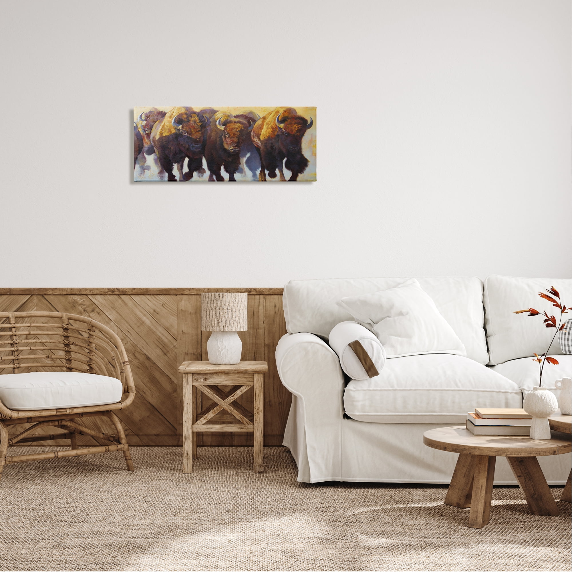Stupell Industries Herd of Bison Painting Animals & Insects Painting Gallery Wrapped Canvas Print Wall Art, 30 x 13