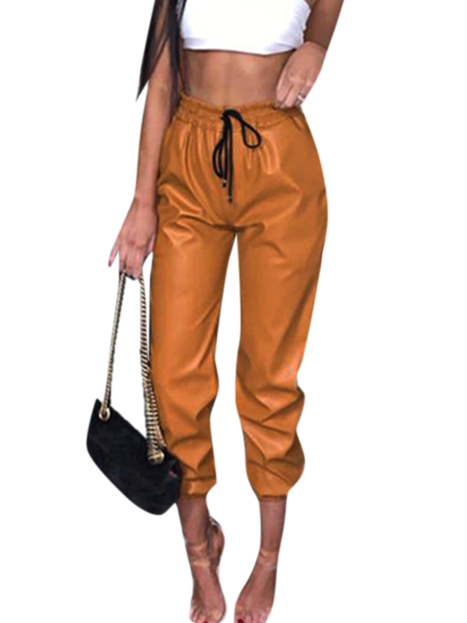 Womens PU Drawstring Faux Leather Pants 