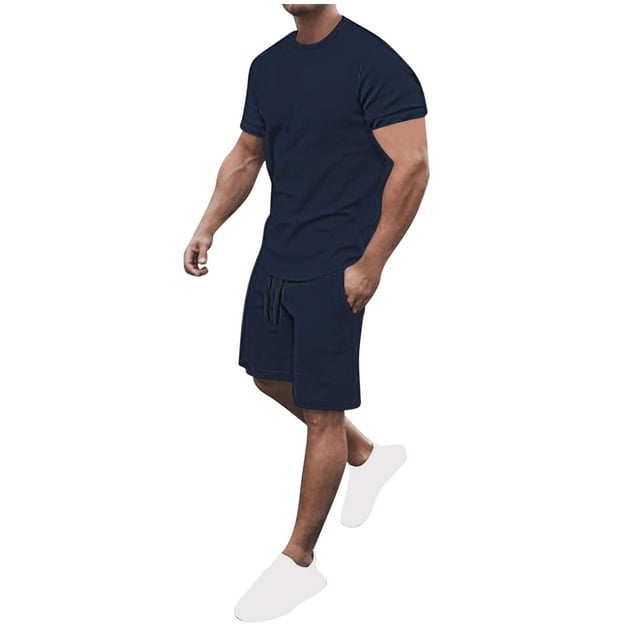 Short Sleeve Set for Men, Military Green Solid Color Round Neck Top with Five-Point Shorts, Polyester Spandex Blend, Breathable Lightweight Fabric, for Beach Volleyball Swimming Fitness
