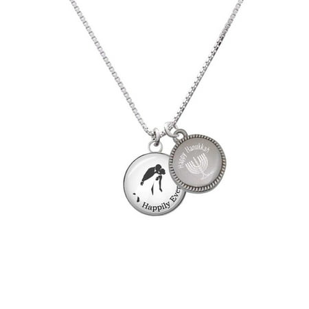 - Silvertone Domed Wedding Couple Happily Ever After - Happy Hanukkah Menorah Necklace