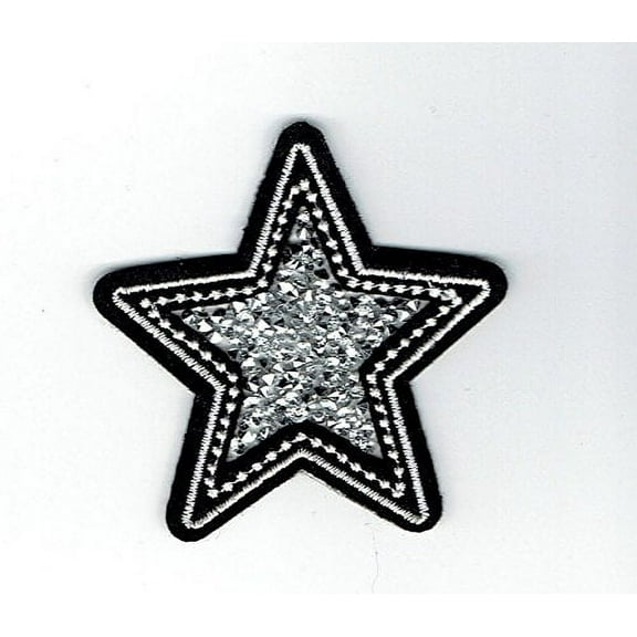 Silver Star Crushed Crystals Iron on Embroidered Patch