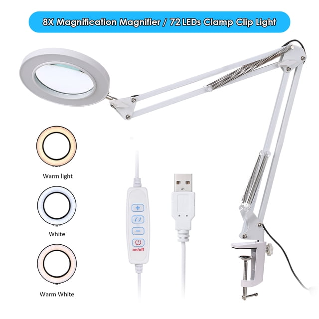 Lámpara de escritorio con lupa 8X y luz LED ajustable, 3 tonos de luz, 10 niveles de brillo, alimentación USB, diseño blanco y práctico para trabajos detallados.