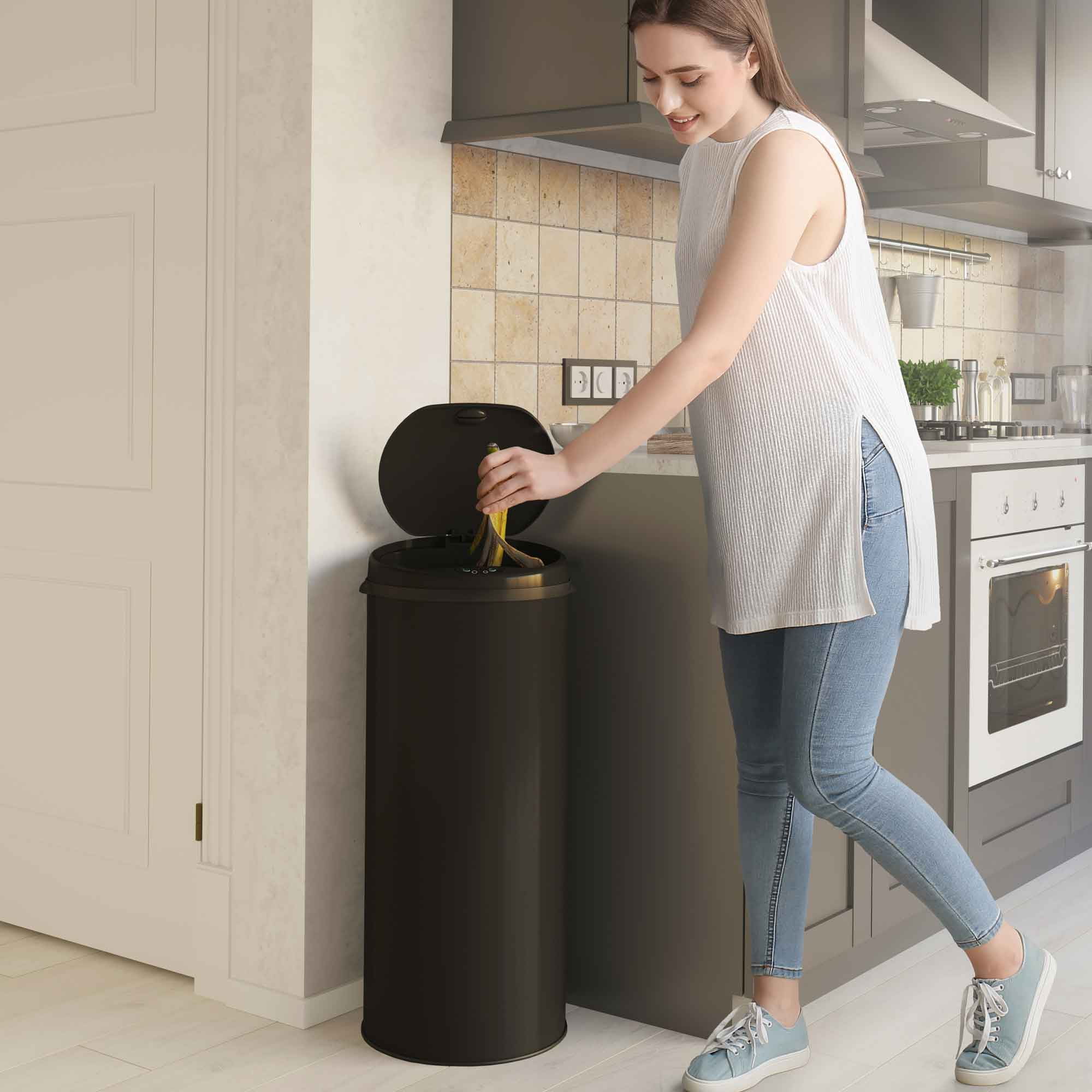 iTouchless 13 gal Deodorizer Round Motion Sensor Kitchen Trash Can, Black, Stainless Steel