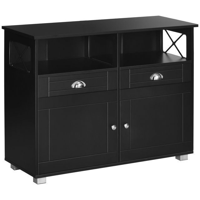 HOMCOM Buffet, Armoire de Bar à Café, Armoire de Cuisine avec Tiroirs de Rangement, Grand Plateau et Design Latéral Croisé, Noir