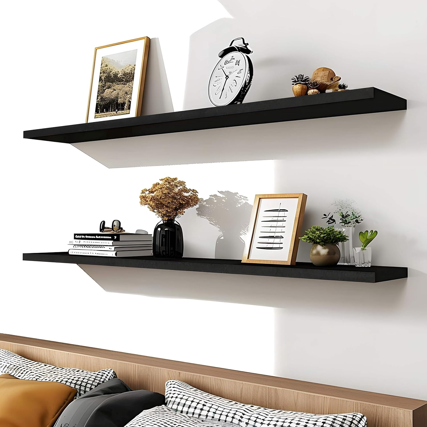 48 Inch Rustic Farmhouse Floating Shelves for Wall Decor Storage Wood Wooden Wall Shelves for Bedroom Bathroom Kitchen Living Room - Black Set of 4