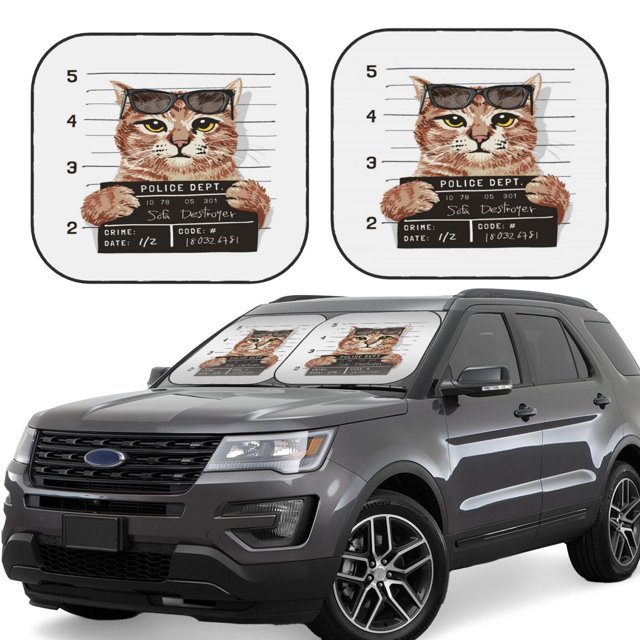 Fotbe Cat Holding Mugshot Sign Juego de 2 Piezas de Parasoles para Parabrisas | Bloqueador Solar para Auto | Accesorios Plegables para Protección Solar Interior-Large