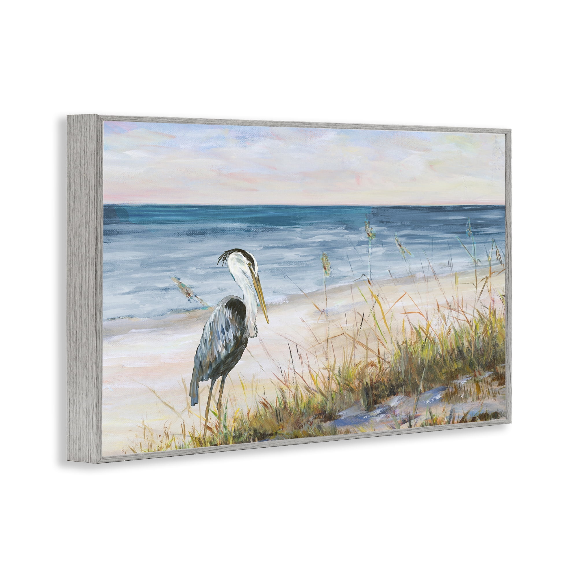 Stupell Industries Calm Pelican on Beach Landscape Painting Gray Framed Art Print Wall Art, 24 x 16