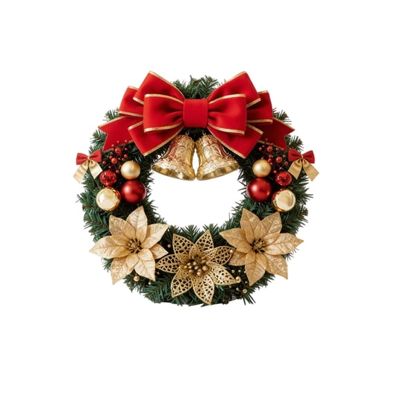 Gold Flower Style Full Christmas Wreath with Bow for Front Door and Wall Decor