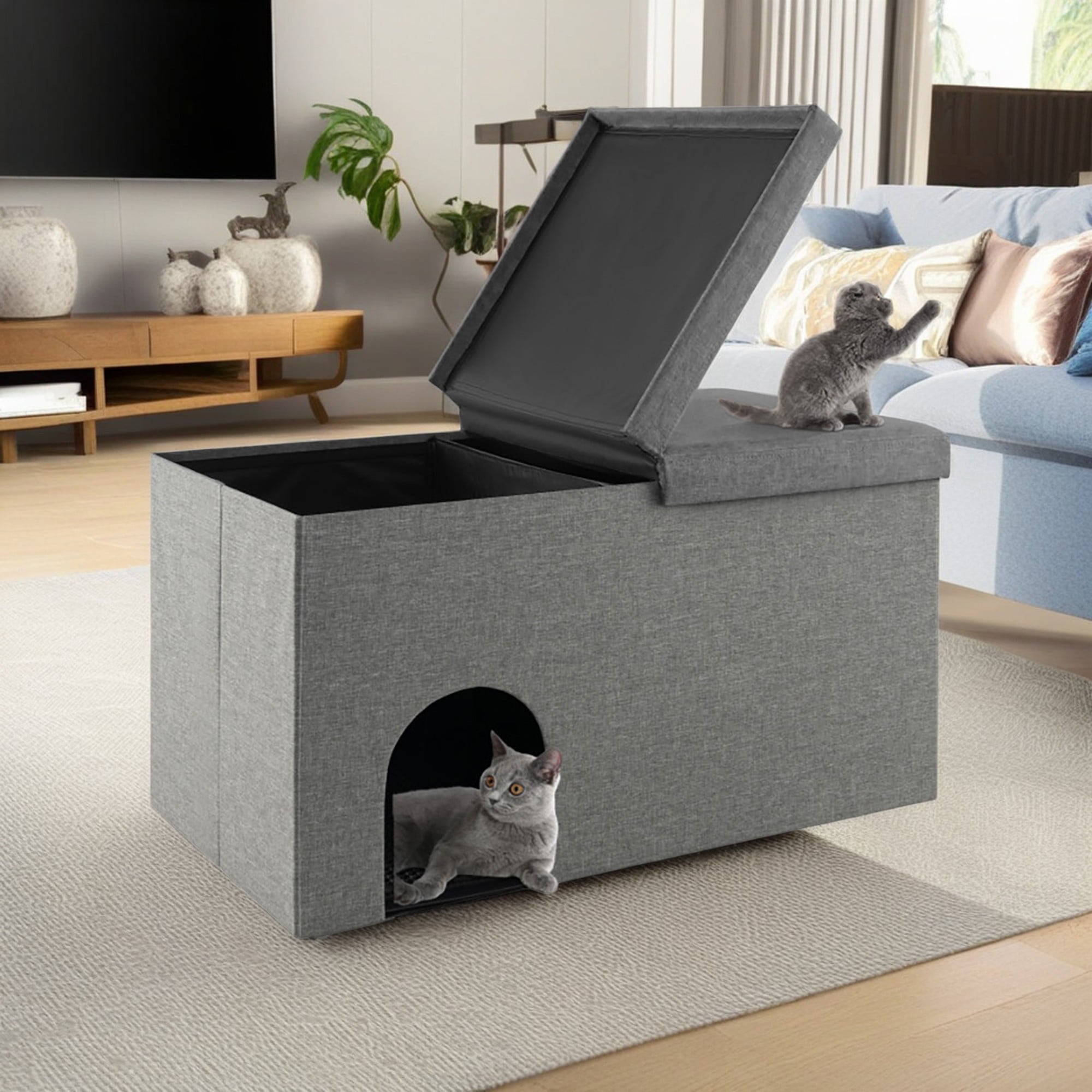 Kadyn 35" Cat House for Indoor Cats, Cat Litter Box Enclosure with Urine Proof Litter Mat, Kitty Condo Bed Cave, Gray