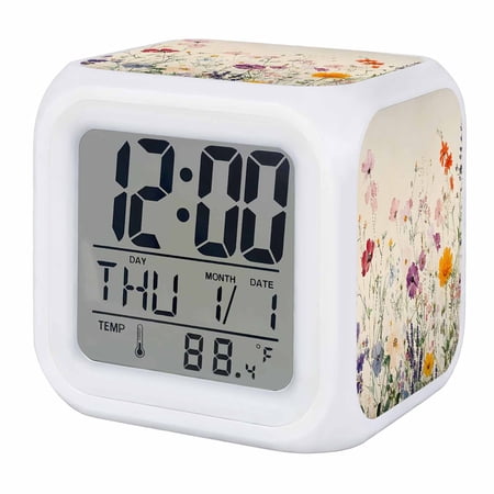 Vintage Spring Floral Digital Alarm Clock for Bedrooms, Smart LED Alarm Clock with 7 Color Changing Night Light, Summer Botanical Flowers Silent Wake Up Clocks for Sleep Study Cooking 3.2x3.2