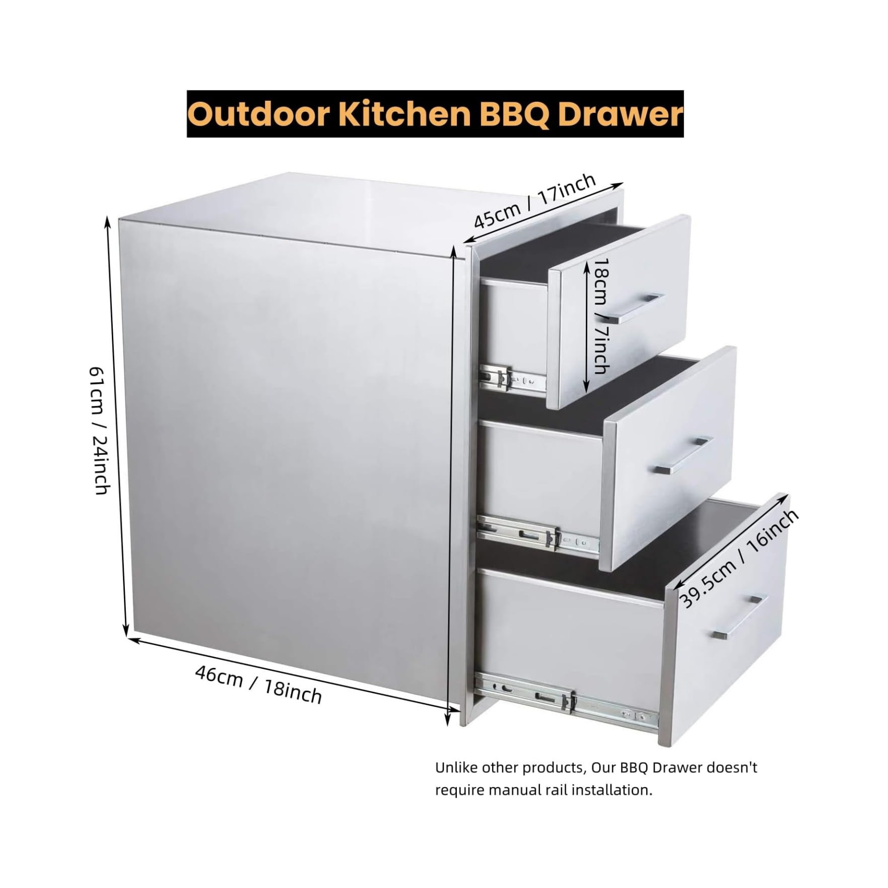 Home Stainless Steel Drawer for Outdoor Kitchen BBQ, 18 inch Undermount Soft Close Cabinet Organizer, Heavy Duty Rustproof 304 Steel Triple Drawer 18" W x 24" H x 18" D
