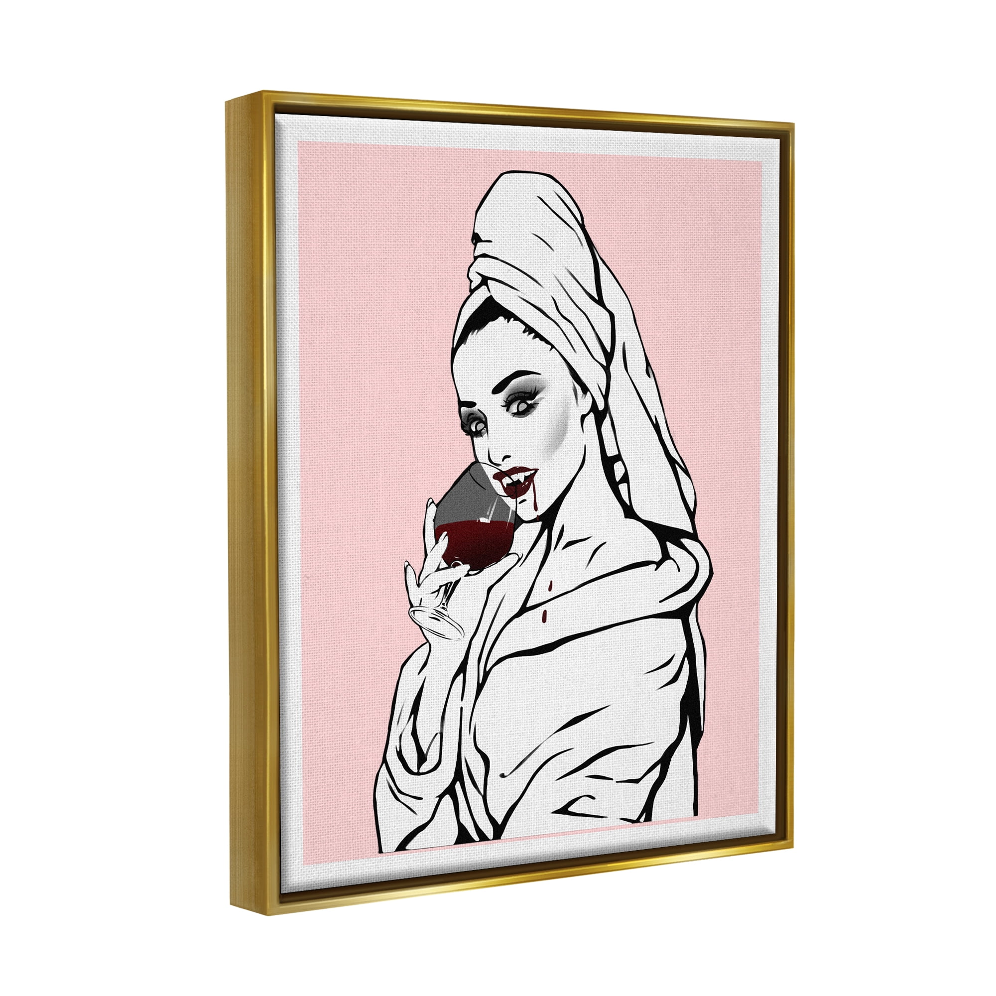 Stupell Pink Vampire Fashionista Drinking Wine Beauty & Fashion Painting Gold Floater Framed Art Print Wall Art