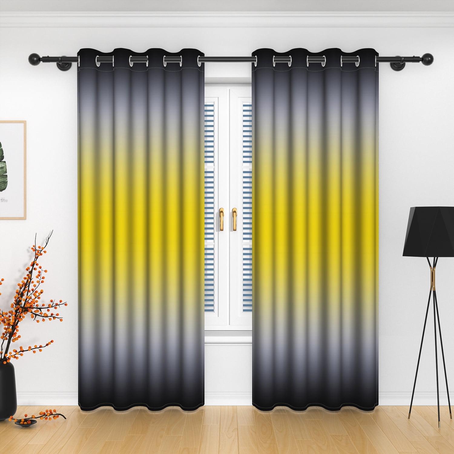 Lfeey Living Room Blackout Curtains, Black Yellow Gradient Color Bedroom Decorative Privacy Curtains Drapes, 42x72 Inches, 2 Panels