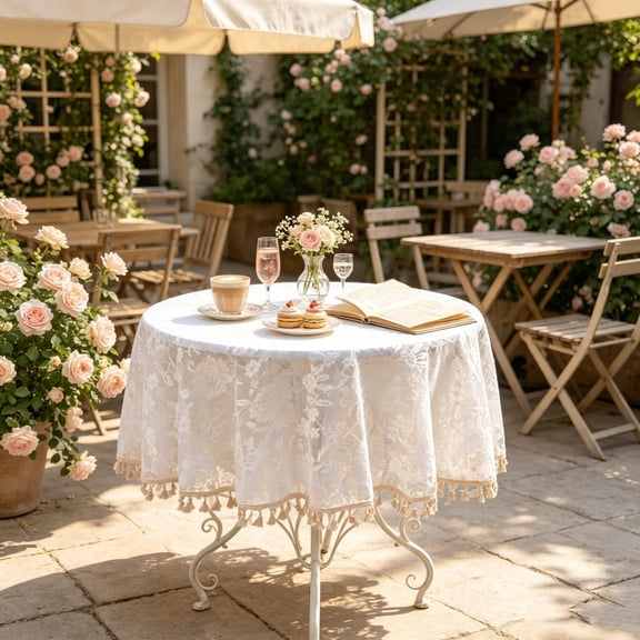 Linen Blend Square Tablecloth, Lace Edge Dining Table Cover, Wrinkle Resistant Washable Fabric for Everyday Kitchen Patio Wedding Decor