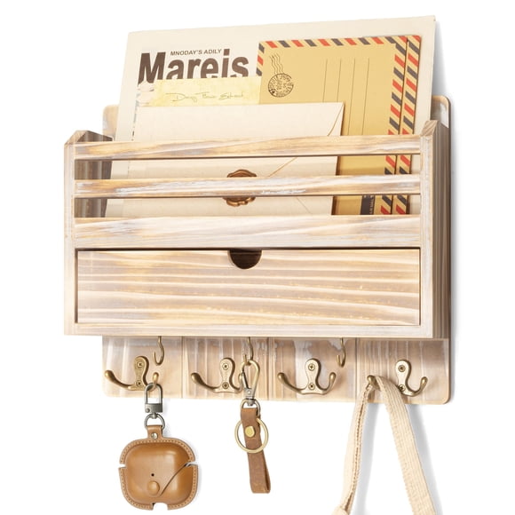 Rebee Vision Organisateur de Courrier Mural Style Ferme – Porte-Clés et Courrier Décoratif pour Mur avec Tiroir Organisateur et 7 Crochets à Clés – Séparé
