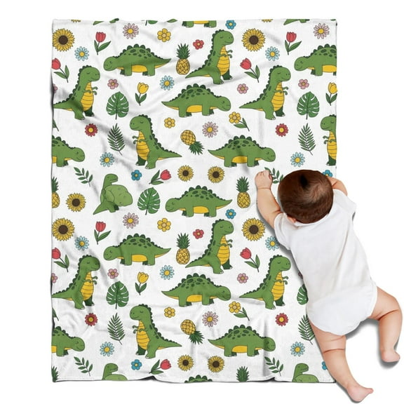 White Green Dinosaurs Floral Pattern Blanket,Comfortable Soft Flannel Throw Blanket,All Season,Warm Lightweight Blankets for Sofa Bed Couch Living Room Chair,30"x40"