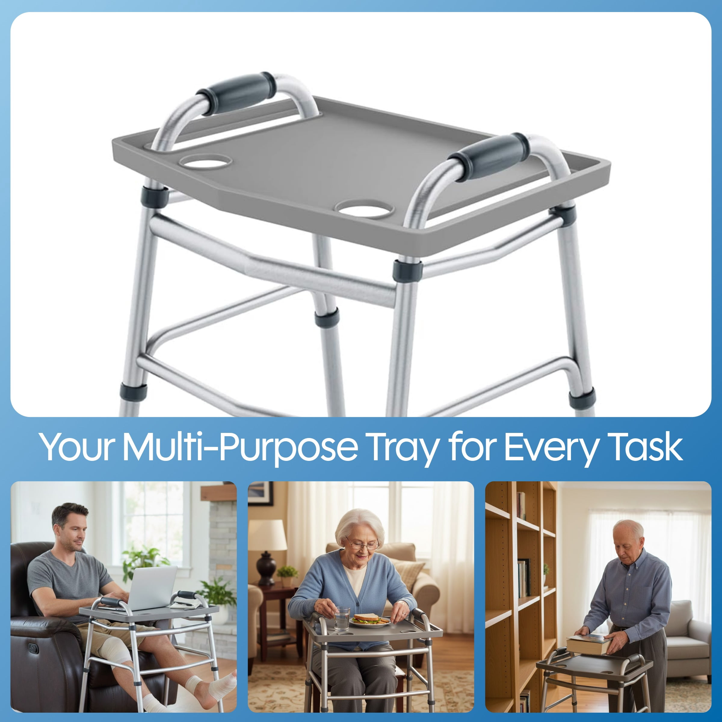 Walker Tray With 2 Cup Holders- Fits Most Standard Walkers- by Bluestone