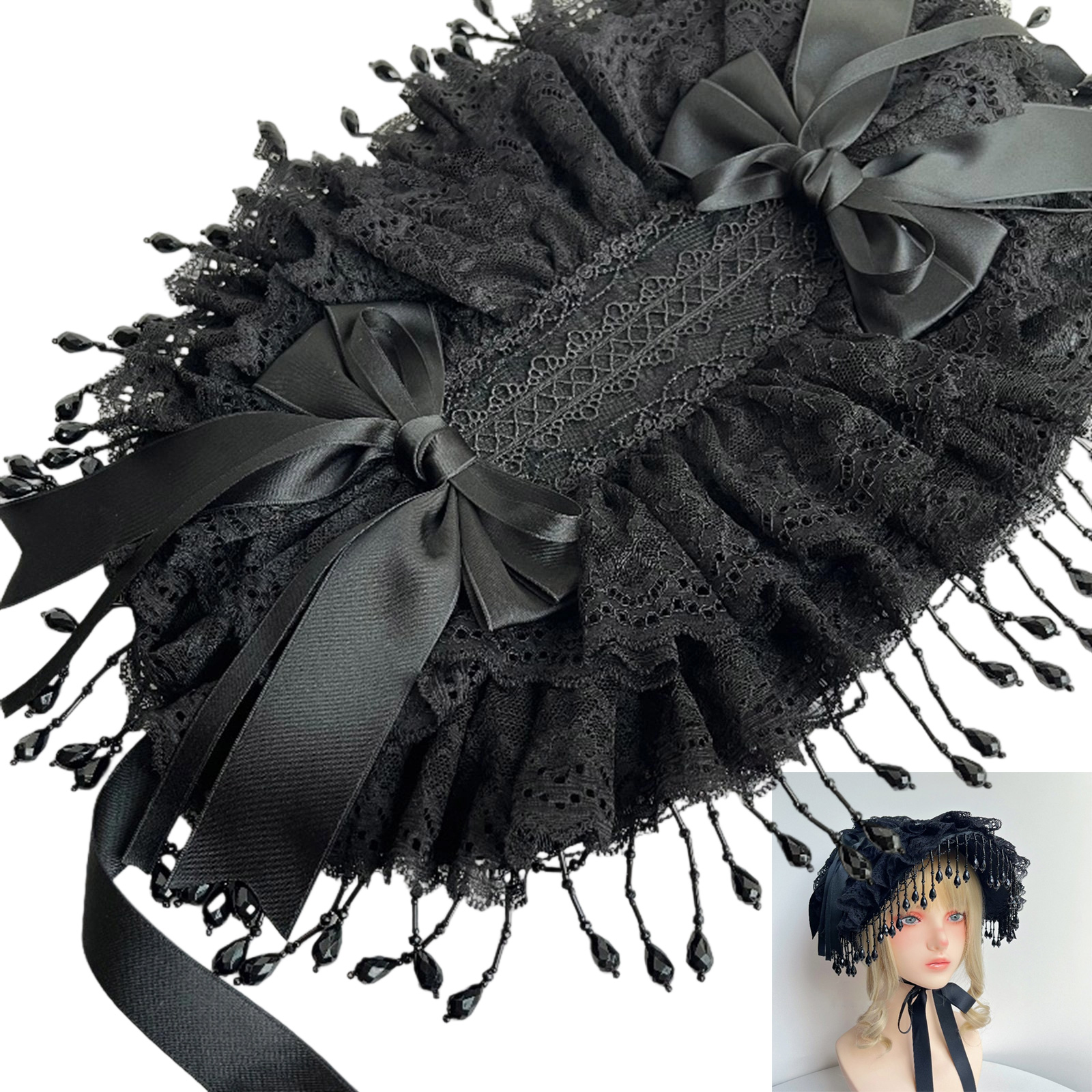 Victorian Theme Bonnet Hat With Lace Bowknot And Adjustable Ribbon Tie For Women Fashion Headwear for Event Wear