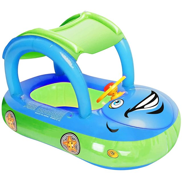 Flotador de piscina inflable para bebés con dosel, flotador de natación para bebés con forma de coche, barco con parasol, asiento de seguridad para niños pequeños, anillo de natación, piscina, flotadores de primavera, verano, playa, juegos al aire libre (azul claro) BANYUO Electrónica